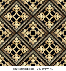 Floral estilo barroco arabesco waffle dorado sin fisuras con marcos de cruz rombo y griega. El fondo ornamental hermoso vector. Ornamentos repetidos modernos con flores doradas vintage.