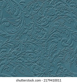 Floral Baroque blue 3d seamless pattern. Vector embossed leaves background. Repeat emboss leafy backdrop. Surface relief 3d flowers leaves ornament. Textured grunge design with embossing effect.