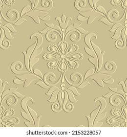 Floral Baroque Damask 3d seamless pattern. Vector embossed golden background. Repeat emboss flowers backdrop. Surface relief vintage ornament in Baroque style. Textured design with embossing effect.