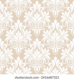 Modalidad ininterrumpida del damasco barroco floral. fondo real de papel pintado dorado y fondo ornamental blanco de vectores.