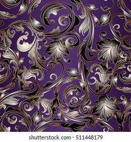 Floral baroque damask seamless pattern. Vintage decorative 3d flowers leaves and ornaments. Flourish wallpaper.Flowery vector illustration. Violet background.