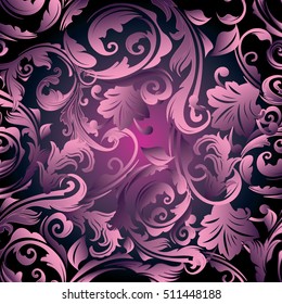 Floral baroque damask seamless pattern. Vintage decorative 3d pink flowers leaves and ornaments. Flourish wallpaper.Flowery vector illustration. Dark violet background.