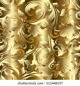 Floral baroque damask seamless pattern. Vintage decorative 3d gold flowers leaves and ornaments. Flourish wallpaper.Flowery vector illustration. Gold drapery background.