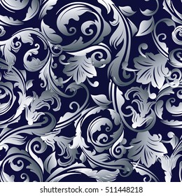 Floral baroque damask seamless pattern. Vintage decorative 3d white flowers leaves and ornaments. Flourish wallpaper.Flowery vector illustration.Dark blue background