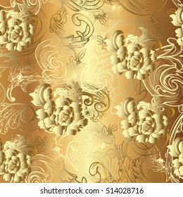 Floral baroque damask seamless pattern. Vintage decorative antique medieval 3d gold flowers leaves and ornaments. Floral baroque wallpaper. Flowery vector illustration. Gold baroque background .