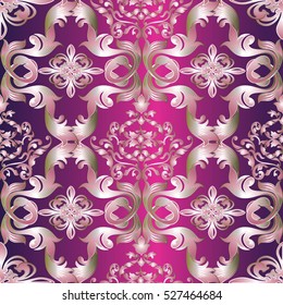 Floral baroque damask seamless pattern. Decorative ornate background. 3d wallpaper pattern. Antique medieval vintage flowers, leaves and baroque ornaments .