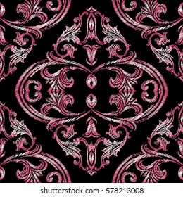 Floral baroque damask seamless pattern. Vintage antique pink 3d flowers,  leaves and ornaments. Flourish grunge texture with effect of embroidery for fabric, textile.Vector design.