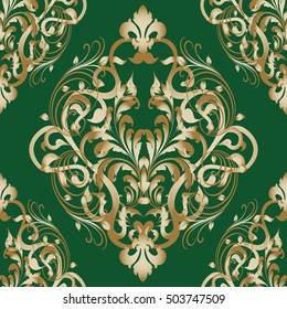 Floral baroque damask vector seamless pattern wallpaper illustration with gold 3d vintage antique decorative flowers, leaves and ornaments.