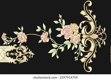 Floral baroque design element with pink roses and golden swirls, for textile, wallpaper, gift wrapping.