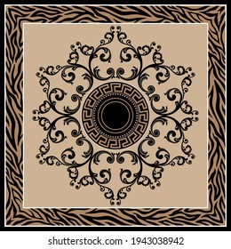 Floral baroque element with zebra border on a beige background. EPS10 Illustration.