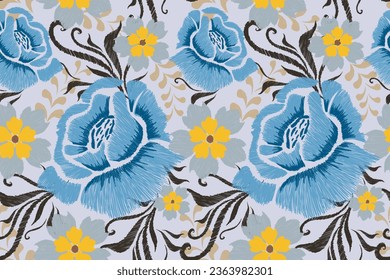 Floral baroque embroidery pattern. Flower bouquet motifs damask rose pattern seamless with Ikat embroidery traditional design. Vector illustration on white background.
