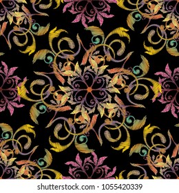 Floral baroque embroidery seamless pattern. Vector vintage background with tapestry colorful flowers, swirl leaves, scrolls, grunge ornaments in baroque style. Embroidered texture for fabric, prints