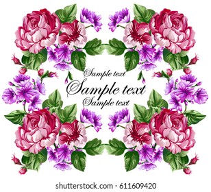 Floral baroque frame with bouquet of flowers: Classic big red rose,Chrysanthemum,daisy, peony flowers on white background