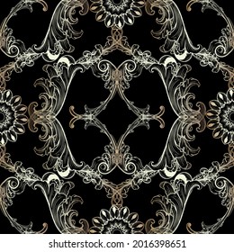 Floral Baroque old style gold seamless pattern. Ornamental vector background. Repeat backdrop. Vintage antique ornaments. Golden line art flowers, leaves, shapes, mandalas. Luxury ornate design.