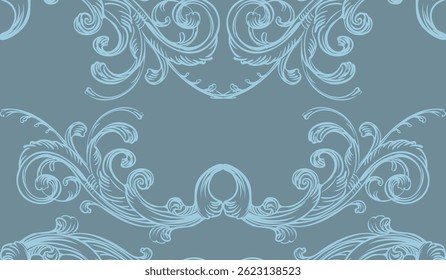 Patrón sin fisuras de adorno barroco floral con Elementos vintage scroll en colores blanco y azul. Vector ilustración de dibujo a mano. Un fondo interminable. Para el diseño, impresión, tela, invitación y boda