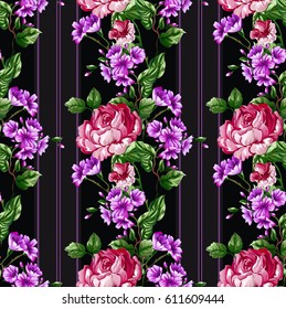 Floral baroque pattern with bouquet of flowers and branch,Classic big red rose,Chrysanthemum,daisy,peony flowers on black background with stripes