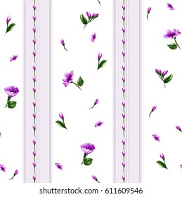 Floral baroque pattern with small flowers and branch,Chrysanthemum,daisy flowers on white background with stripes