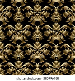 Floral baroque seamless  pattern. Antique black damask background wallpaper with  3d  vintage gold  ornaments, leaves, grapes and flowers in Victorian style. Vector surface luxury  texture for fabric