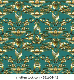 Floral baroque seamless  pattern. Antique green damask background wallpaper with  3d  vintage gold  ornaments, leaves and flowers in Victorian style. Vector surface luxury  texture for fabric