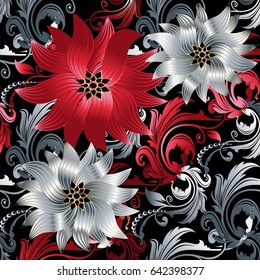 Floral baroque seamless pattern. Black vector  background wallpaper illustration with vintage stylish beautiful modern 3d white  and red  flowers, swirl scroll  leaves and victorian  ornaments 
