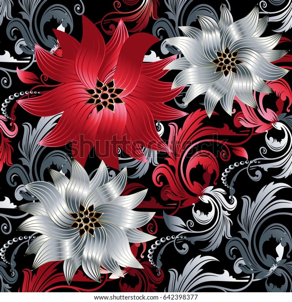花柄のバロック模様 黒いベクター画像の背景に壁紙イラストとビンテージスタイリッシュな美しい3dの白と赤の花 渦巻きの巻き葉 ビクトリア朝の装飾 のベクター画像素材 ロイヤリティフリー