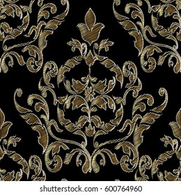 Floral Baroque seamless pattern in embroidery style. Vector black background wallpaper with 3d gold vintage tapestry grunge arras flowers, tracery leaves and antique damask tiled ornaments