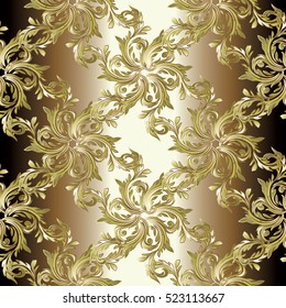Floral baroque seamless pattern. Gold background. Floral 3d wallpaper with gold vintage flowers leaves and floral ornaments in baroque style.