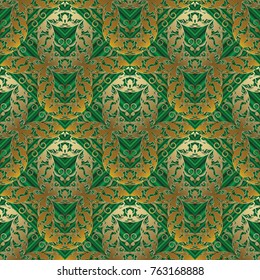 Floral baroque seamless pattern. Green abstract striped background with vintage golden damask flowers, swirls, lines, rhimbus, antique ornaments in Baroque victorian style. Luxury design for wallpaper