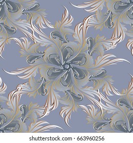 Floral baroque seamless pattern. Light background wallpaper illustration with antique decorative 3d damask flowers, scroll leaves and  vintage baroque ornaments. Vector 3d  floral pattern texture 