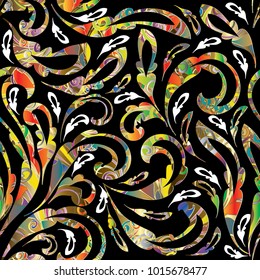 Floral baroque seamless pattern. Vector damask colorful background with hand drawn golden flowers, swirls, curves,  flourish ornament. Luxury design for wallpaper, fabric, prints. Bright rich template