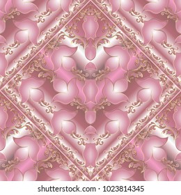 Floral Baroque seamless pattern. Vector pink background with 3d damask flowers, scrolls, lines, swirls, vintage gold frames. Antique ornaments in baroque style. Luxury design for wallpaper, fabric
