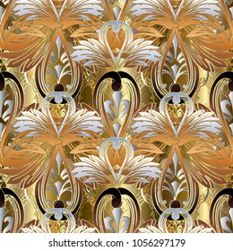 Floral Baroque seamless pattern. Vector antique golden background. Vintage royal 3d ornaments. Surface texture. Patterned ornamental design. Scroll leaves in baroque victorian style. Luxury wallpaper