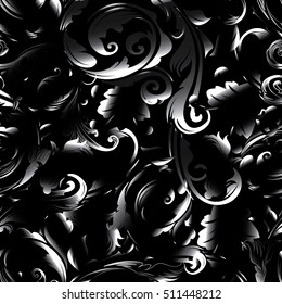 Floral baroque seamless pattern. Vintage decorative 3d black with shadows flowers leaves and ornaments. Flourish wallpaper.Flowery vector illustration.Dark black background.
