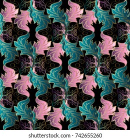 Floral baroque seamless pattern. Vintage background. Damask wallpaper. Antique decorative blue pink flowers, leaves and swirl line art tracery gold ornaments in Baroque Victorian style. Modern texture