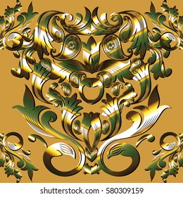 Floral baroque seamless pattern. Yellow background wallpaper with  3d gold green   vintage medieval damask ornaments, antique scroll  leaves and flowers. Royal  vector texture for fabric, textile.