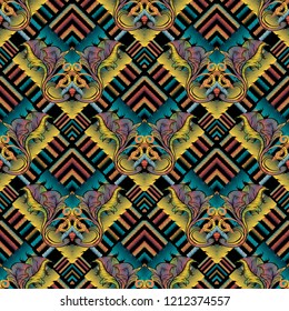 Floral Baroque striped embroidery vector seamless pattern. Ornamental geometric tapestry background. Grunge repeat textured backdrop. Embroidered ornament with  stripes, zigzag, victorian style leaves