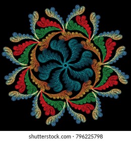 Floral baroque style colorful tapestry mandala pattern. Black vector background with round circle floral embroidery ornaments with vintage bright  multicolor grunge leaves. Embroidered flowers design.
