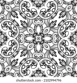Estilo floral barroco sin fisuras. Fondo del vector ornamental negro y blanco. Repetir el fondo. Bonito adorno de estilo barroco victoriano. Flores, hojas, formas, líneas antiguas. Diseño moderno.