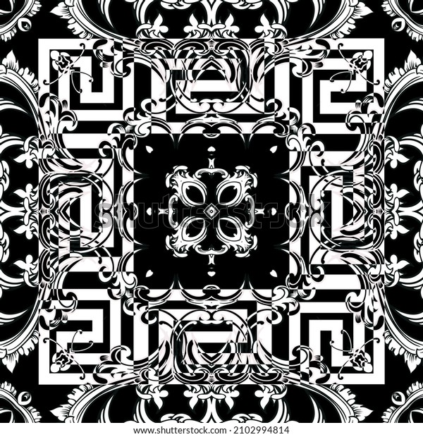 Floral Baroque style seamless pattern. Black and\
white ornamental vector background. Repeat backdrop. Baroque\
Victorian style beautiful ornament. Vintage flowers, leaves, \
square greek frame,\
meanders
