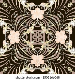 Floral Baroque style vector seamless pattern. Peony flowers ornate background. Repeat decorative backdrop. Abstract ornamental design. Elegance flourish ornament. Beautiful design for fabric, prints.