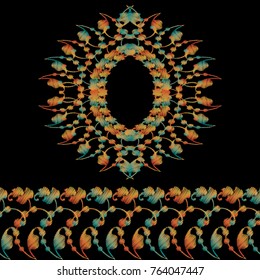 Floral baroque tapestry mandala pattern and seamless border. Vector colorful embroidery ornaments. Grunge floral design for fashion, neckline, clothes, fabric, textile. Embroidered flowers texture.