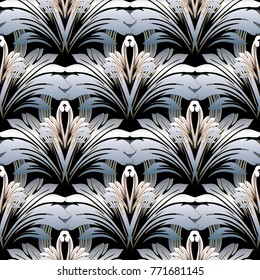 Floral baroque vector seamless pattern. Black white damask background. Antique 3d baroque flowers, scrolls, leaves. Leafy rich ornaments. Surface 3d wallpaper. Luxury design for fabric, print, textile