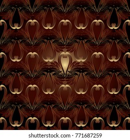 Floral baroque vector seamless pattern. Dark red damask background. Antique 3d baroque flowers, scrolls, leaves, abstract shapes. Surface ornate wallpaper. Luxury design for fabric, textile, prints.
