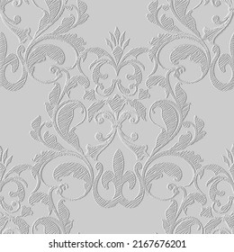 Floral Baroque white 3d seamless pattern. Vector embossed Damask background. Repeat emboss backdrop. Surface relief 3d flowers leaves. Vintage tapestry ornaments. Textured hatching grunge design.