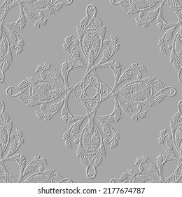 Floral Baroque white 3d seamless pattern. Vector embossed Damask background. Repeat emboss backdrop. Surface relief 3d flowers leaves. Vintage grungy textured ornaments. Endless embossing 3 texture.
