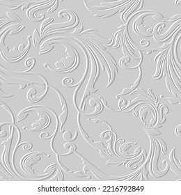 Floral Baroque white 3d seamless pattern. Vector embossed vintage background. Repeat emboss backdrop. Surface relief 3d flowers leaves ornament in Baroque style. Textured design with embossing effect.