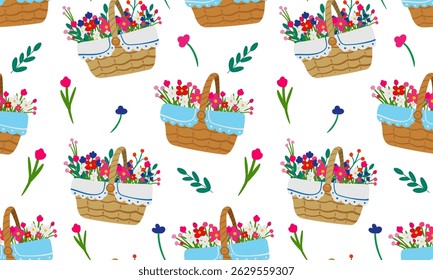 floral basket seamless pattern with vintage spring flowers and retro lace on white background – cute botanical design for wrapping, fabric, and greeting cards