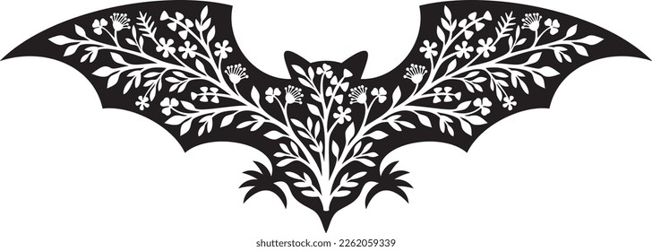 Floral bat black and white. Vector illustration. 
