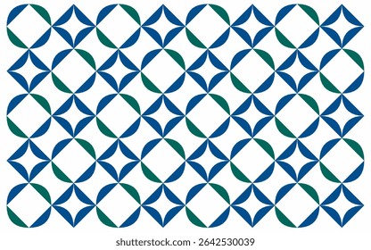 Floral batik background in Indonesian ethnic style using shades of blue and green. The repeated symmetrical design highlights a clean, contemporary tribute to cultural motifs. Seamless geometric art