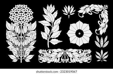 Floral bay leaf in art nouveau 1920-1930. Hand drawn in a linear style with weaves of lines, leaves and flowers. Vector illustration.